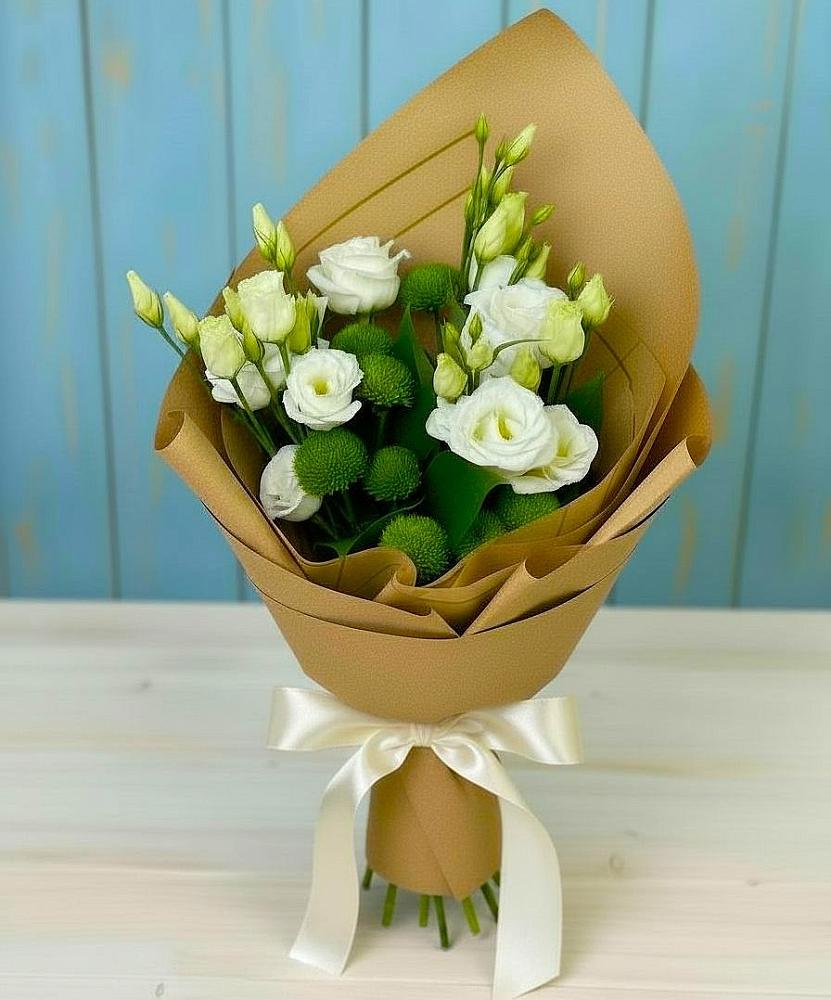 Букет цветов из: Хризантемы и Лизиантусы в городе Учалы